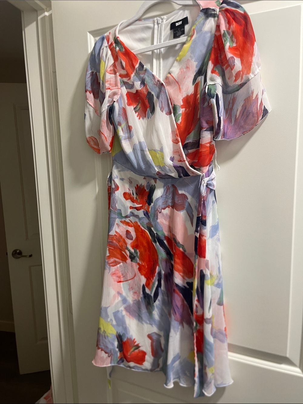 DKNY White Floral Wrap Mini Dress with Red, Purple & Yellow Accents